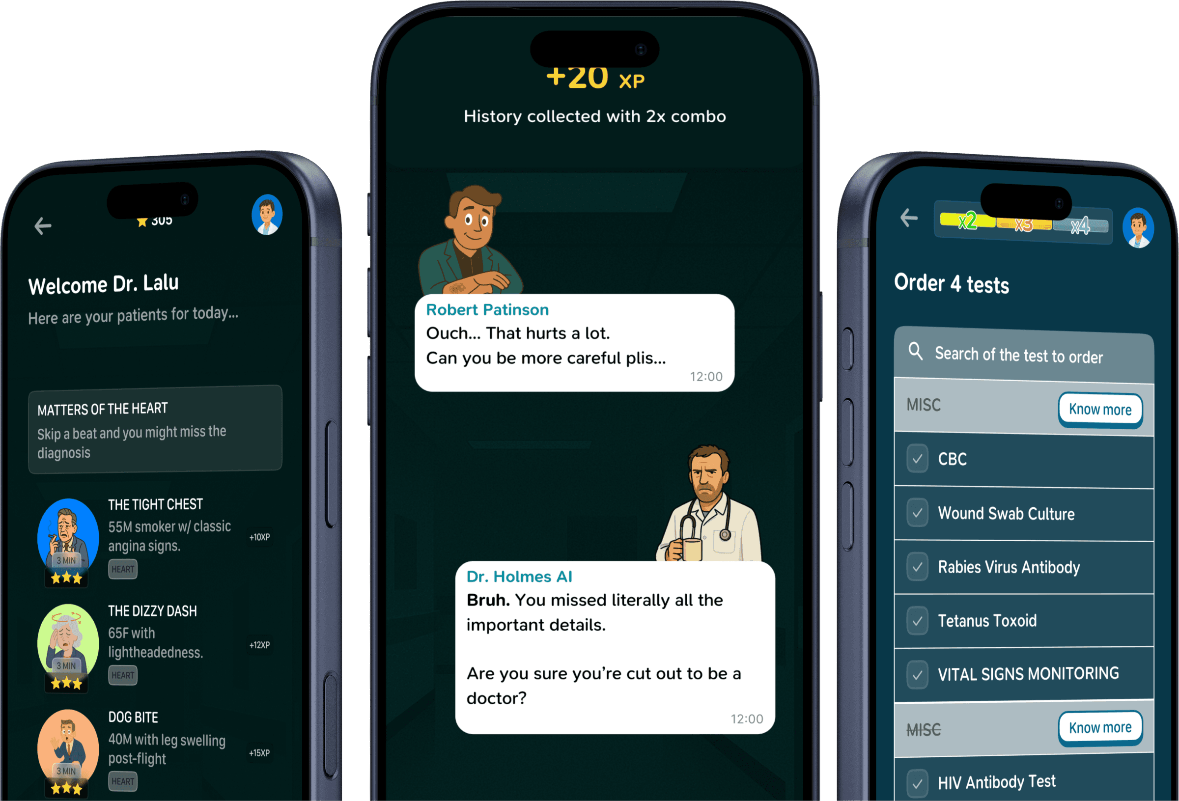 Clinical Rounds three-phone simulator composition
